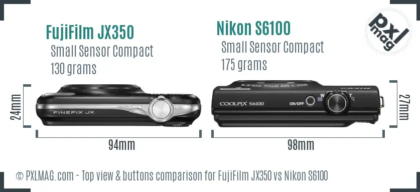 FujiFilm JX350 vs Nikon S6100 top view buttons comparison FujiFilm JX350 vs Nikon S6100 top view buttons comparison