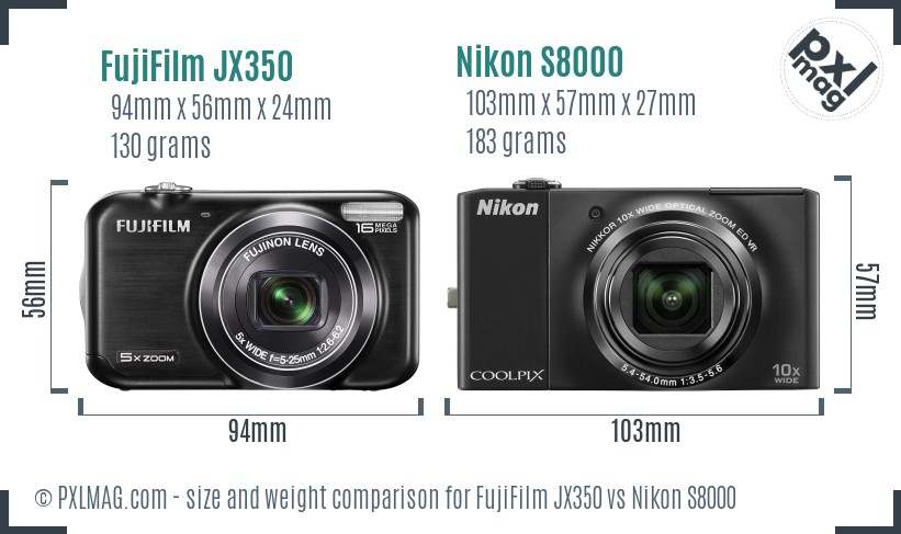 FujiFilm JX350 vs Nikon S8000 size comparison