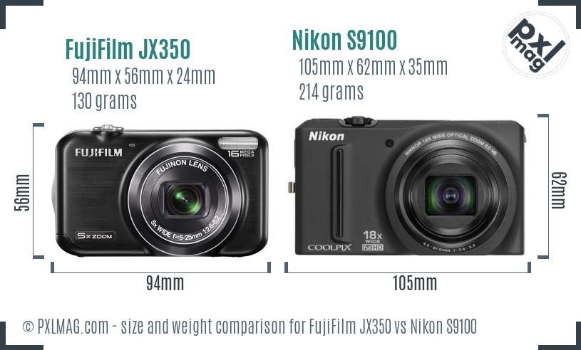 FujiFilm JX350 vs Nikon S9100 size comparison