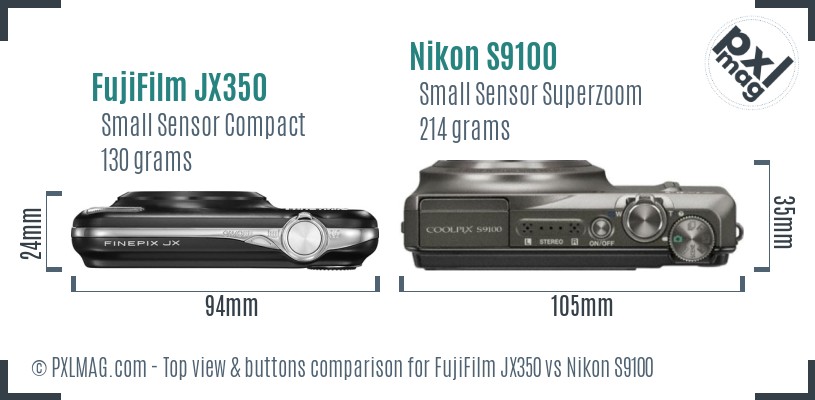 FujiFilm JX350 vs Nikon S9100 top view buttons comparison