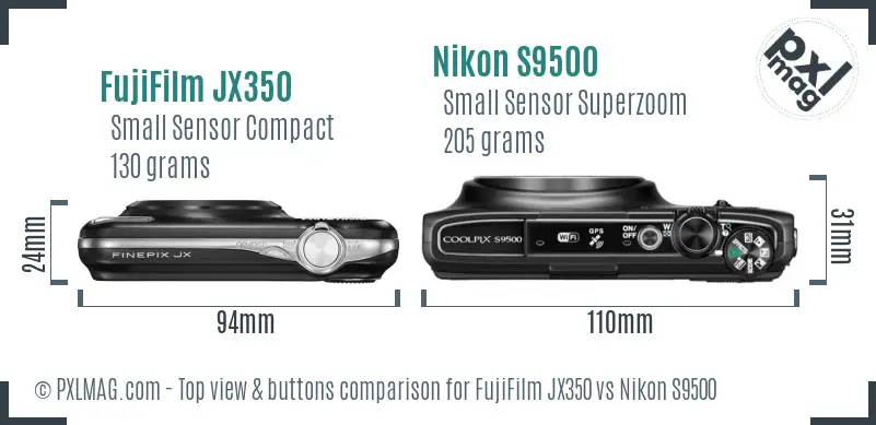 FujiFilm JX350 vs Nikon S9500 top view buttons comparison