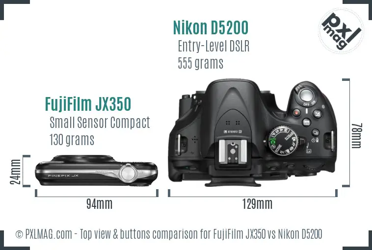 FujiFilm JX350 vs Nikon D5200 top view buttons comparison