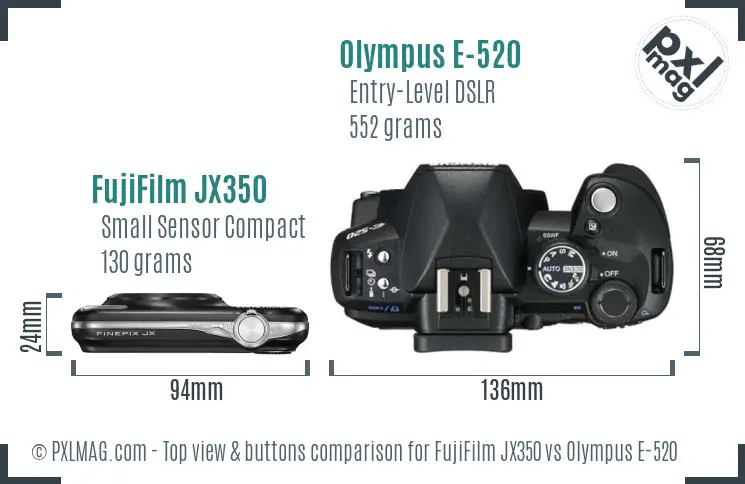 FujiFilm JX350 vs Olympus E-520 top view buttons comparison