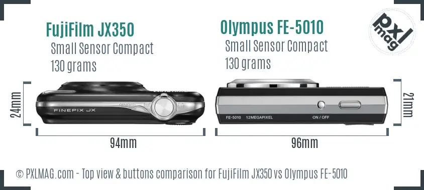 FujiFilm JX350 vs Olympus FE-5010 top view buttons comparison FujiFilm JX350 vs Olympus FE-5010 top view buttons comparison