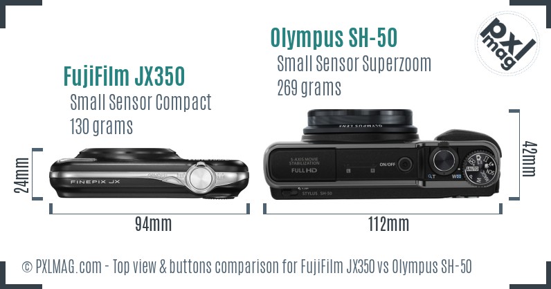 FujiFilm JX350 vs Olympus SH-50 top view buttons comparison