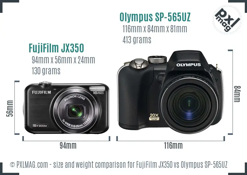 FujiFilm JX350 vs Olympus SP-565UZ size comparison FujiFilm JX350 vs Olympus SP-565UZ size comparison