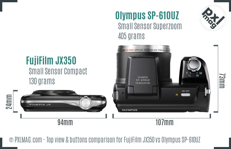 FujiFilm JX350 vs Olympus SP-610UZ top view buttons comparison FujiFilm JX350 vs Olympus SP-610UZ top view buttons comparison