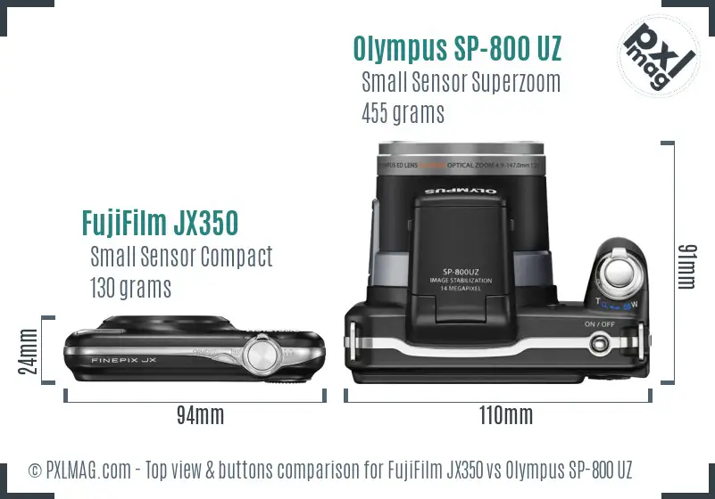 FujiFilm JX350 vs Olympus SP-800 UZ top view buttons comparison FujiFilm JX350 vs Olympus SP-800 UZ top view buttons comparison