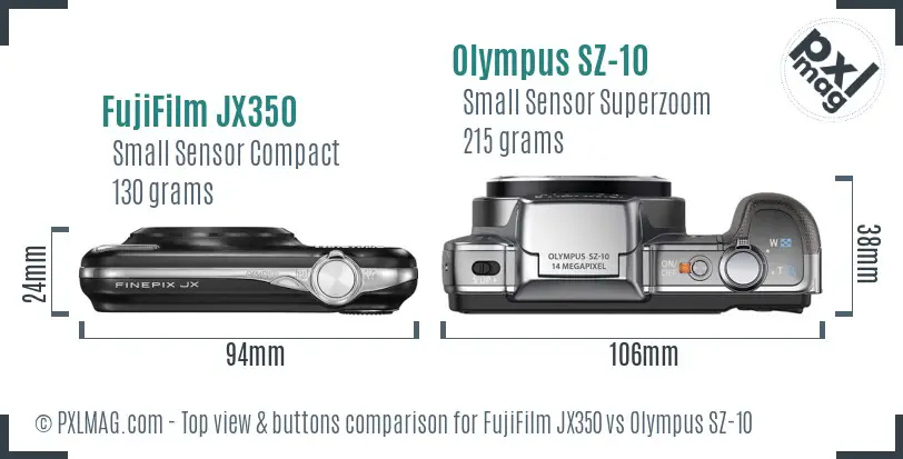 FujiFilm JX350 vs Olympus SZ-10 top view buttons comparison FujiFilm JX350 vs Olympus SZ-10 top view buttons comparison