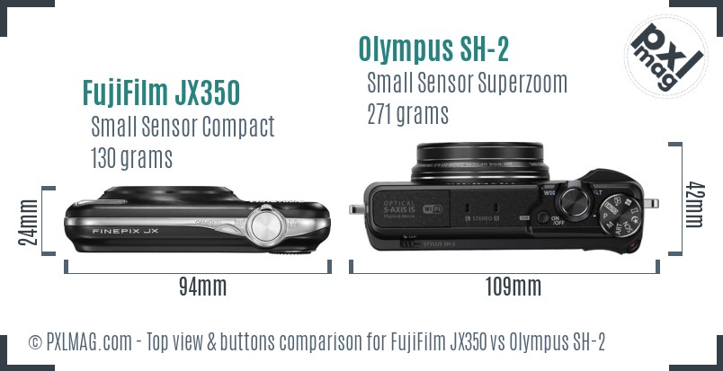 FujiFilm JX350 vs Olympus SH-2 top view buttons comparison