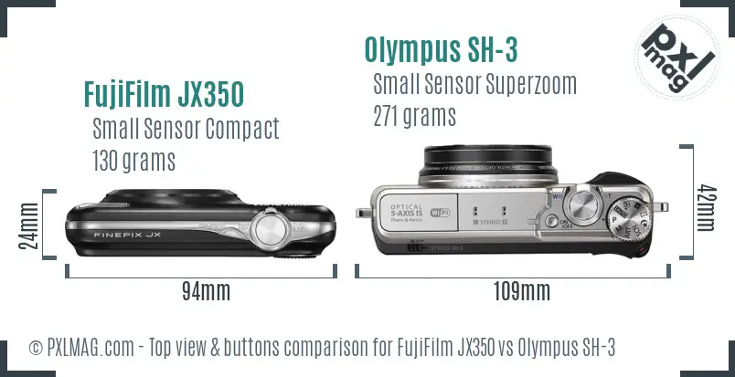 FujiFilm JX350 vs Olympus SH-3 top view buttons comparison
