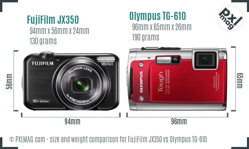 FujiFilm JX350 vs Olympus TG-610 size comparison