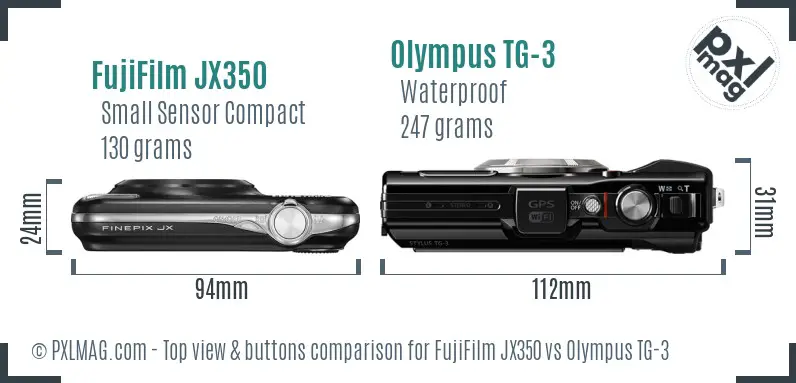 FujiFilm JX350 vs Olympus TG-3 top view buttons comparison FujiFilm JX350 vs Olympus TG-3 top view buttons comparison