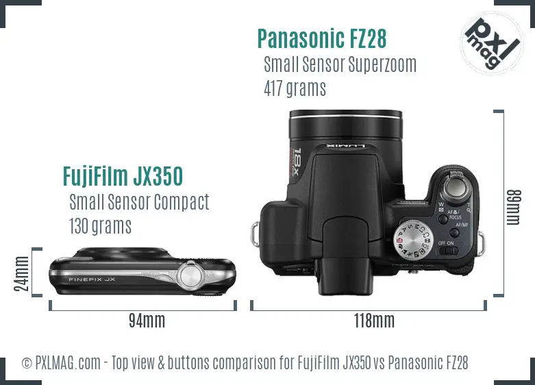 FujiFilm JX350 vs Panasonic FZ28 top view buttons comparison FujiFilm JX350 vs Panasonic FZ28 top view buttons comparison