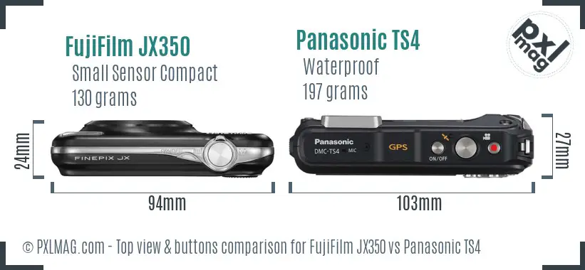 FujiFilm JX350 vs Panasonic TS4 top view buttons comparison FujiFilm JX350 vs Panasonic TS4 top view buttons comparison