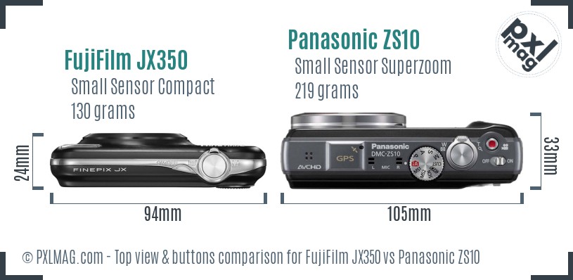 FujiFilm JX350 vs Panasonic ZS10 top view buttons comparison
