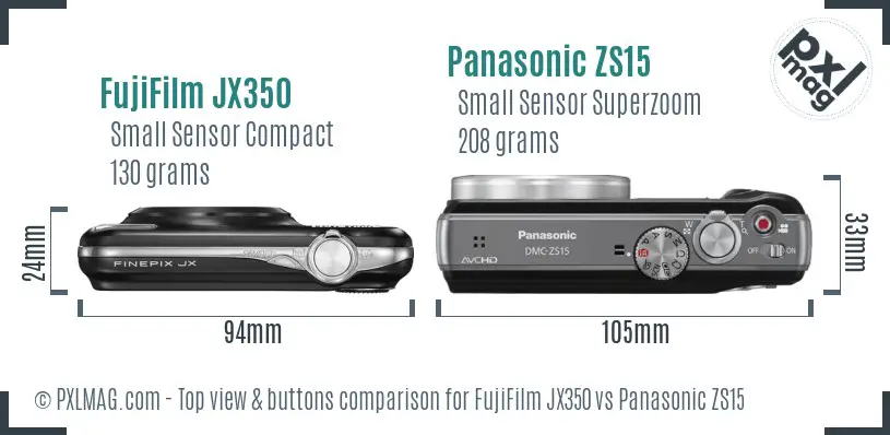 FujiFilm JX350 vs Panasonic ZS15 top view buttons comparison