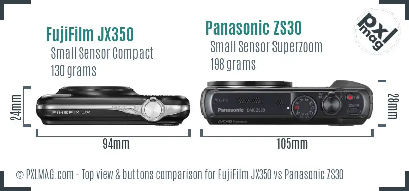 FujiFilm JX350 vs Panasonic ZS30 top view buttons comparison FujiFilm JX350 vs Panasonic ZS30 top view buttons comparison