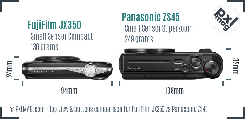 FujiFilm JX350 vs Panasonic ZS45 top view buttons comparison