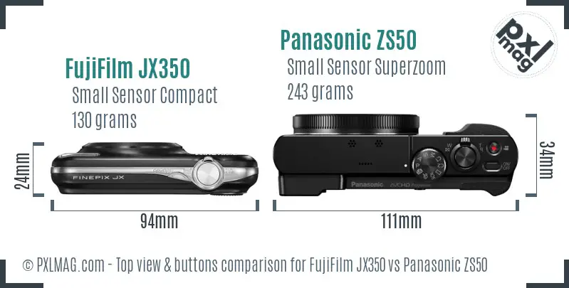 FujiFilm JX350 vs Panasonic ZS50 top view buttons comparison FujiFilm JX350 vs Panasonic ZS50 top view buttons comparison