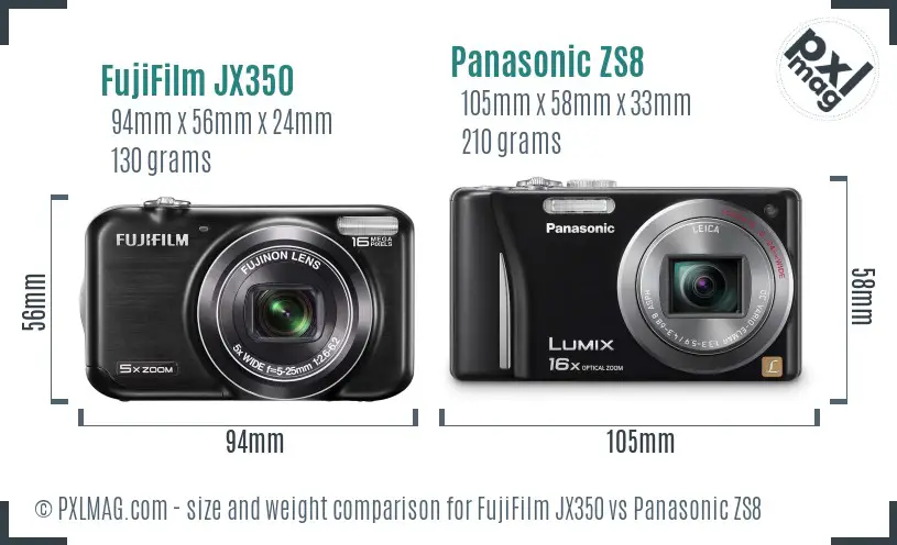 FujiFilm JX350 vs Panasonic ZS8 size comparison