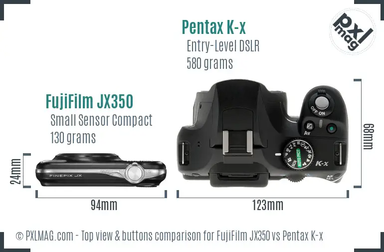 FujiFilm JX350 vs Pentax K-x top view buttons comparison