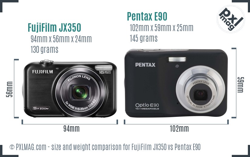 FujiFilm JX350 vs Pentax E90 size comparison