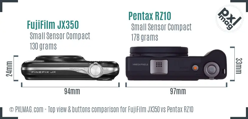 FujiFilm JX350 vs Pentax RZ10 top view buttons comparison FujiFilm JX350 vs Pentax RZ10 top view buttons comparison