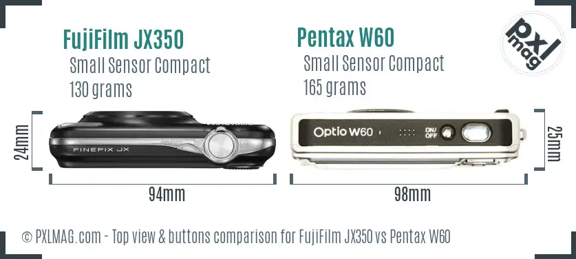 FujiFilm JX350 vs Pentax W60 top view buttons comparison FujiFilm JX350 vs Pentax W60 top view buttons comparison