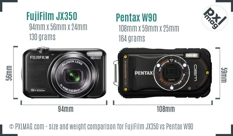 FujiFilm JX350 vs Pentax W90 size comparison