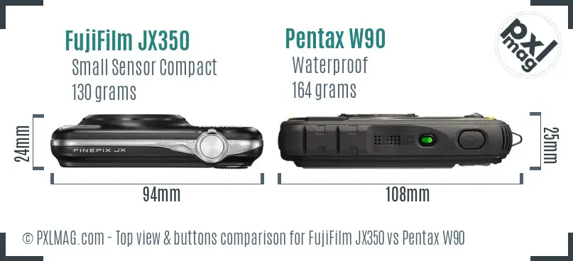 FujiFilm JX350 vs Pentax W90 top view buttons comparison