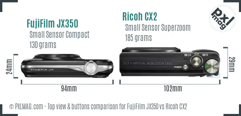 FujiFilm JX350 vs Ricoh CX2 top view buttons comparison