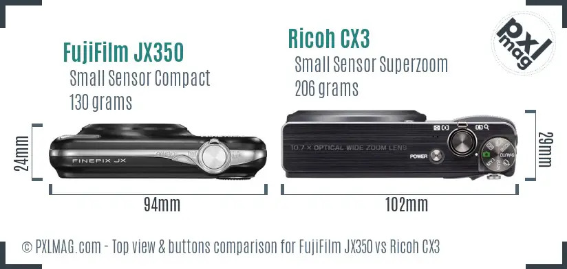 FujiFilm JX350 vs Ricoh CX3 top view buttons comparison