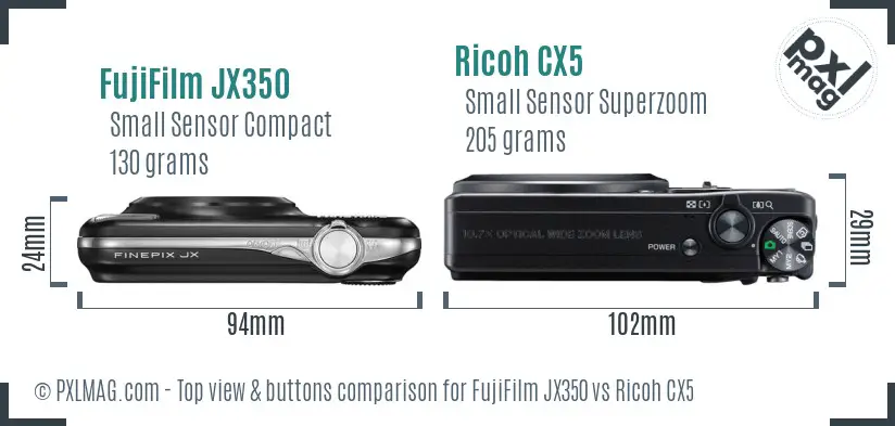 FujiFilm JX350 vs Ricoh CX5 top view buttons comparison
