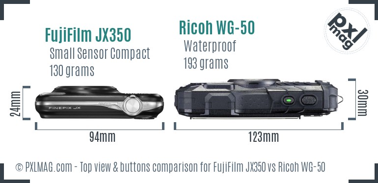 FujiFilm JX350 vs Ricoh WG-50 top view buttons comparison