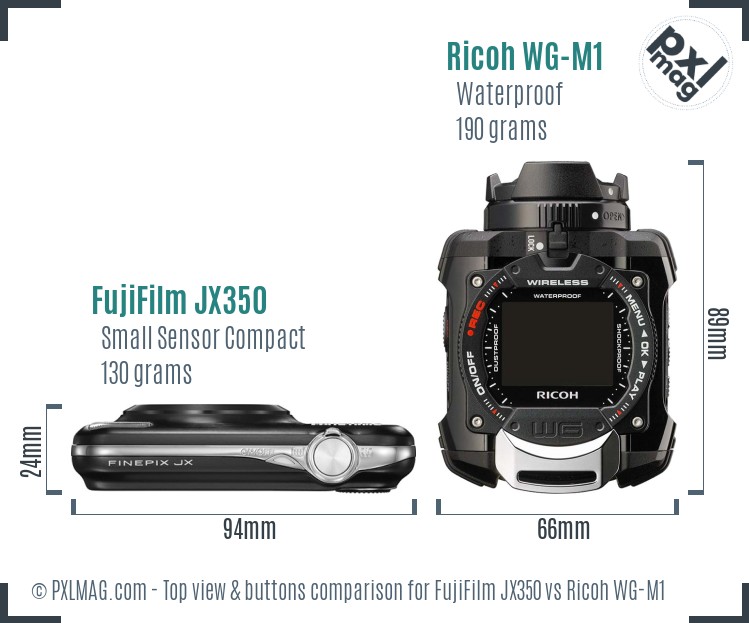 FujiFilm JX350 vs Ricoh WG-M1 top view buttons comparison