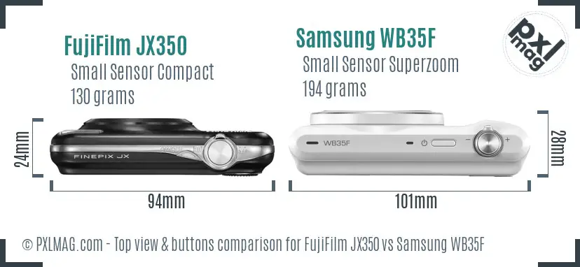 FujiFilm JX350 vs Samsung WB35F top view buttons comparison FujiFilm JX350 vs Samsung WB35F top view buttons comparison