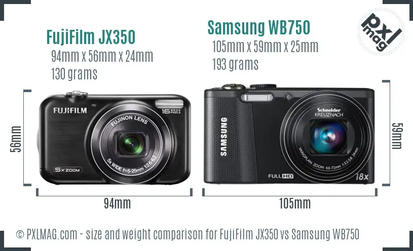 FujiFilm JX350 vs Samsung WB750 size comparison