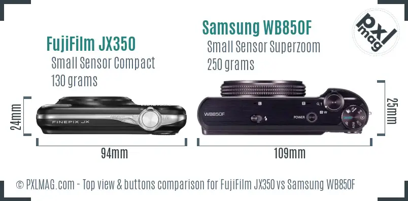 FujiFilm JX350 vs Samsung WB850F top view buttons comparison FujiFilm JX350 vs Samsung WB850F top view buttons comparison