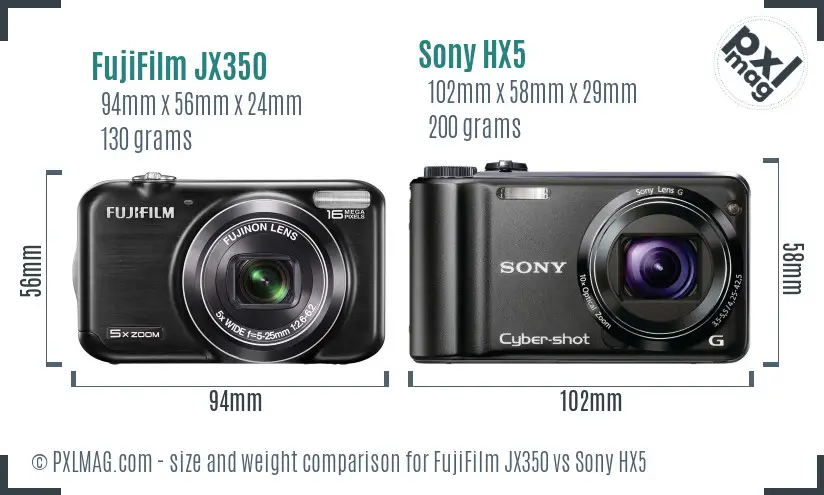 FujiFilm JX350 vs Sony HX5 size comparison