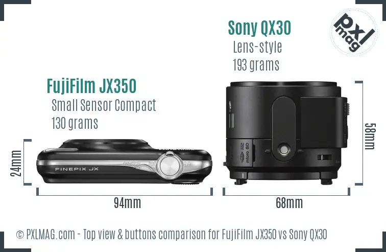 FujiFilm JX350 vs Sony QX30 top view buttons comparison