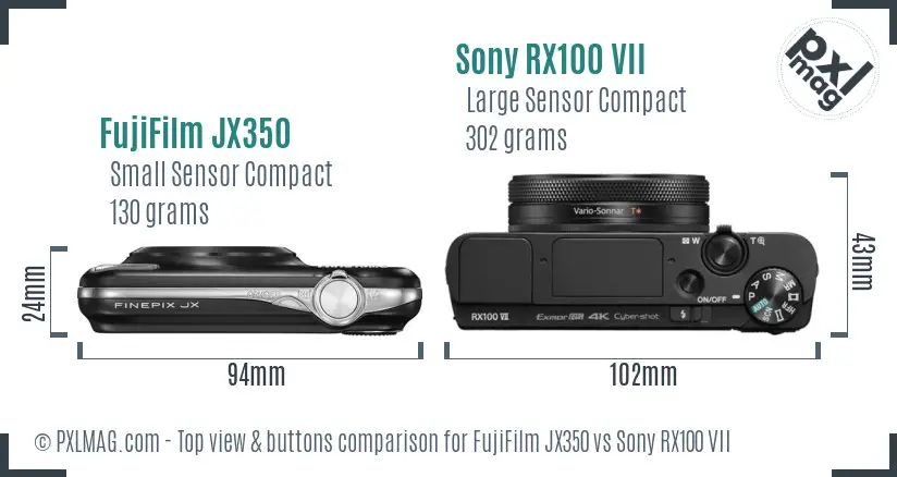 FujiFilm JX350 vs Sony RX100 VII top view buttons comparison