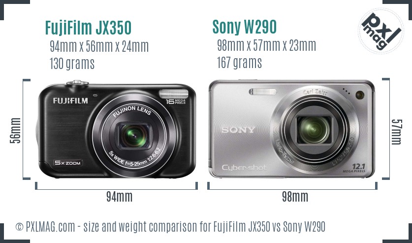 FujiFilm JX350 vs Sony W290 size comparison