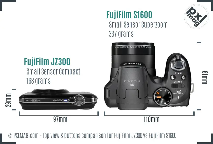 FujiFilm JZ300 vs FujiFilm S1600 top view buttons comparison