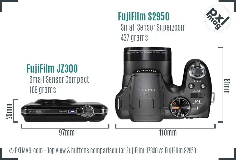 FujiFilm JZ300 vs FujiFilm S2950 top view buttons comparison FujiFilm JZ300 vs FujiFilm S2950 top view buttons comparison