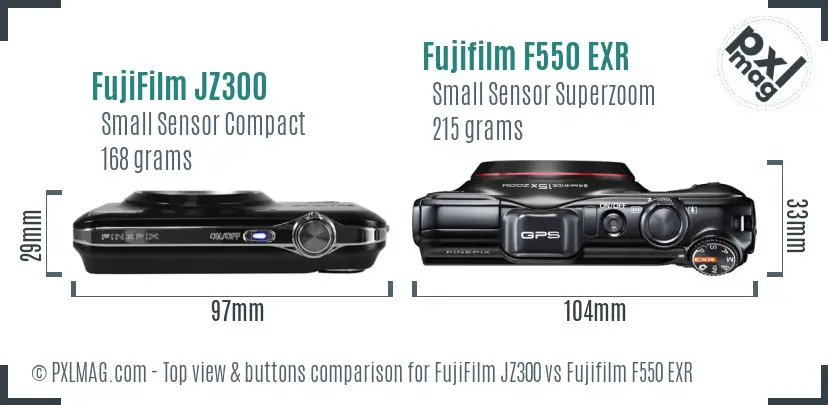FujiFilm JZ300 vs Fujifilm F550 EXR top view buttons comparison FujiFilm JZ300 vs Fujifilm F550 EXR top view buttons comparison