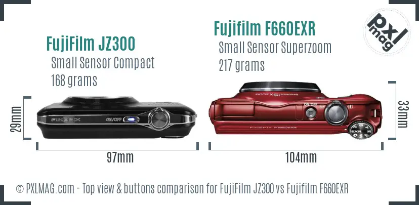 FujiFilm JZ300 vs Fujifilm F660EXR top view buttons comparison