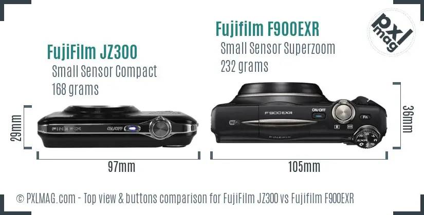 FujiFilm JZ300 vs Fujifilm F900EXR top view buttons comparison FujiFilm JZ300 vs Fujifilm F900EXR top view buttons comparison