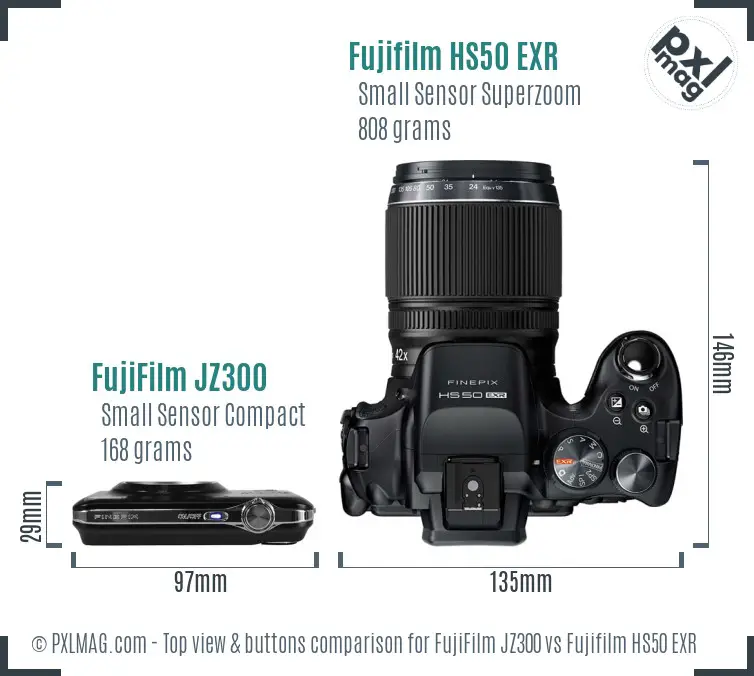 FujiFilm JZ300 vs Fujifilm HS50 EXR top view buttons comparison