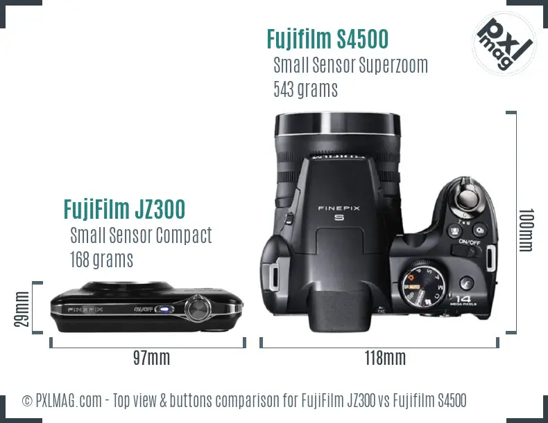 FujiFilm JZ300 vs Fujifilm S4500 top view buttons comparison FujiFilm JZ300 vs Fujifilm S4500 top view buttons comparison